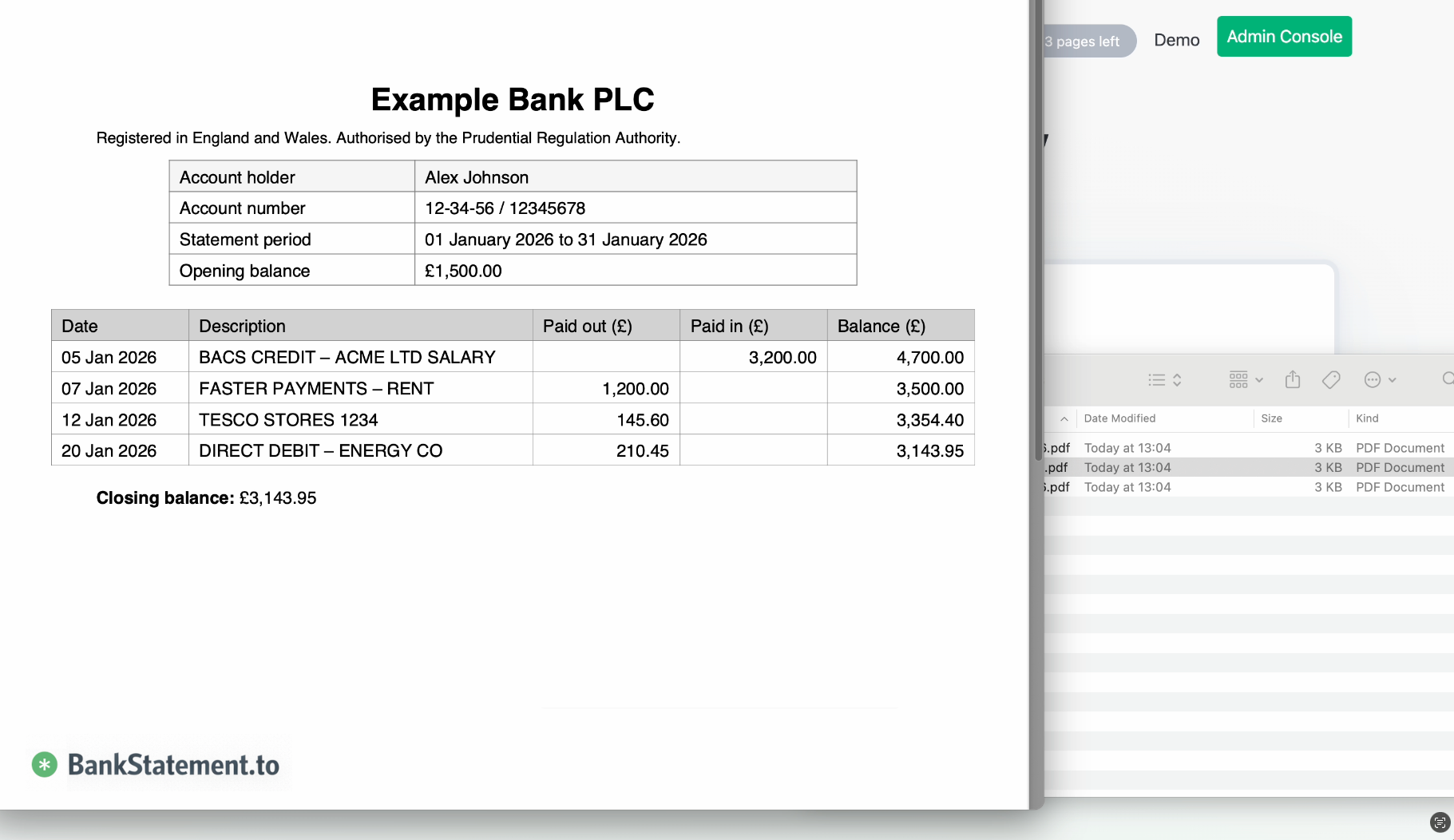 可以上传到 BankStatement.to 的 PDF 银行对账单示例
